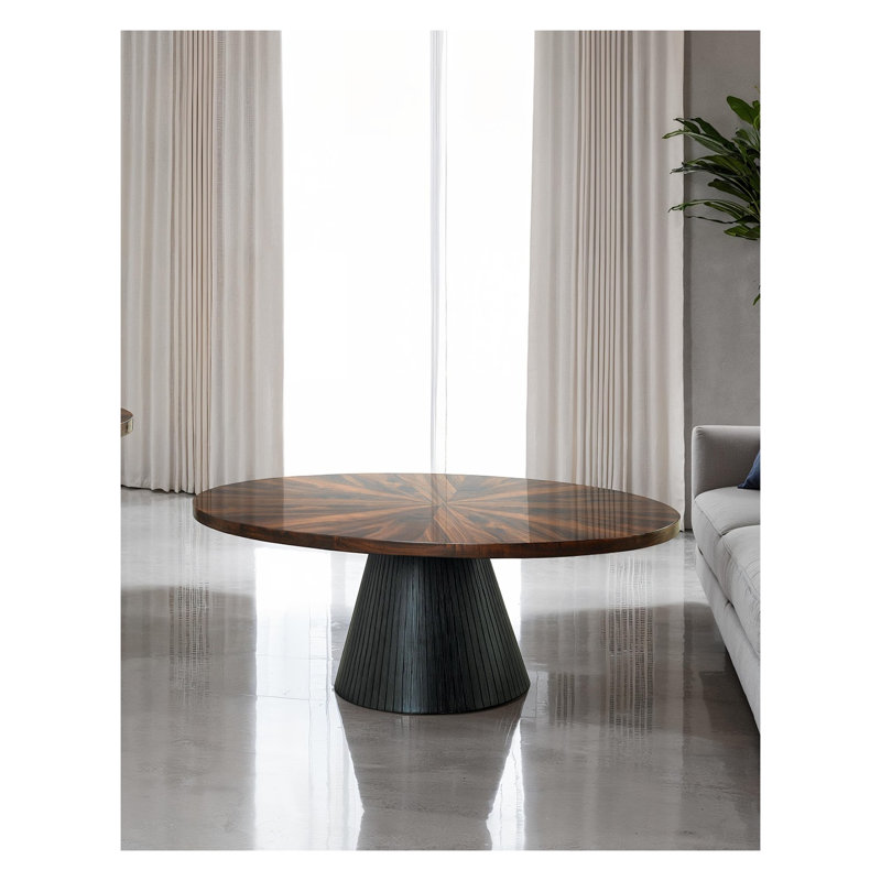 Table basse contemporaine contemporaine avec plateau à motif de parquet et base cylindrique noire, 18" H x 30" W x 50" D