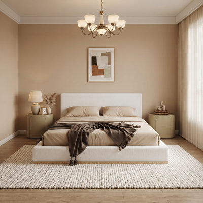 Elegant White Fabric Upholstered Bed With Nice Wood Grain Textured Natural Solid Wood Base Frame,White,King