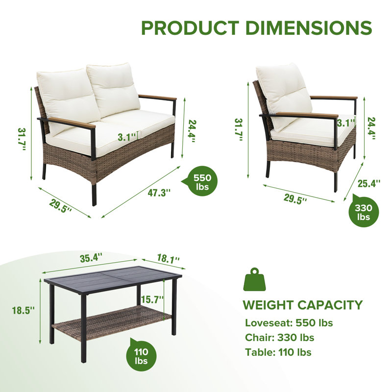 Ensemble de conversation d'extérieur pour 4 personnes avec coussins , Beige