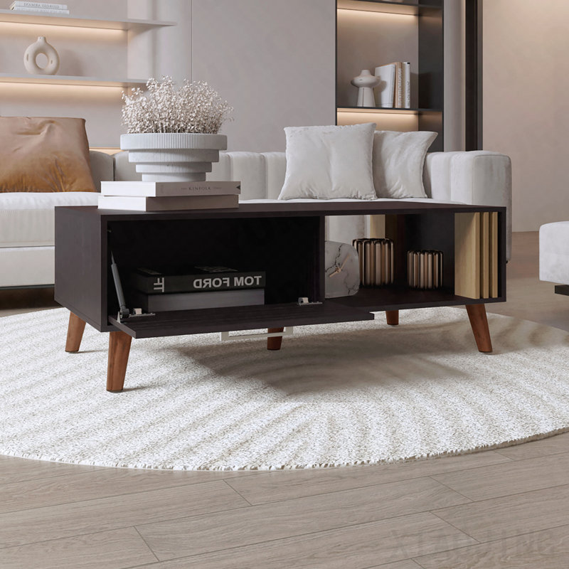 Table basse de 47 po de largeur en wengé noir et chêne naturel avec porte d'armoire