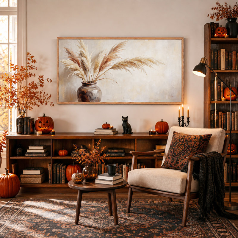 Herbe de la pampa beige dans un vase brun - Toile murale d'Halloween