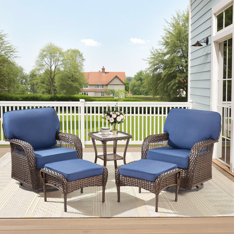 Ensemble de 5 pièces en rotin d'extérieur de qualité supérieure, 2 chaises coulissantes pivotantes avec dossiers en forme de T, 2 repose-pieds multifonctionnels et une table d'appoint en verre renforcé pour le patio, le jardin, la piscine et la cour