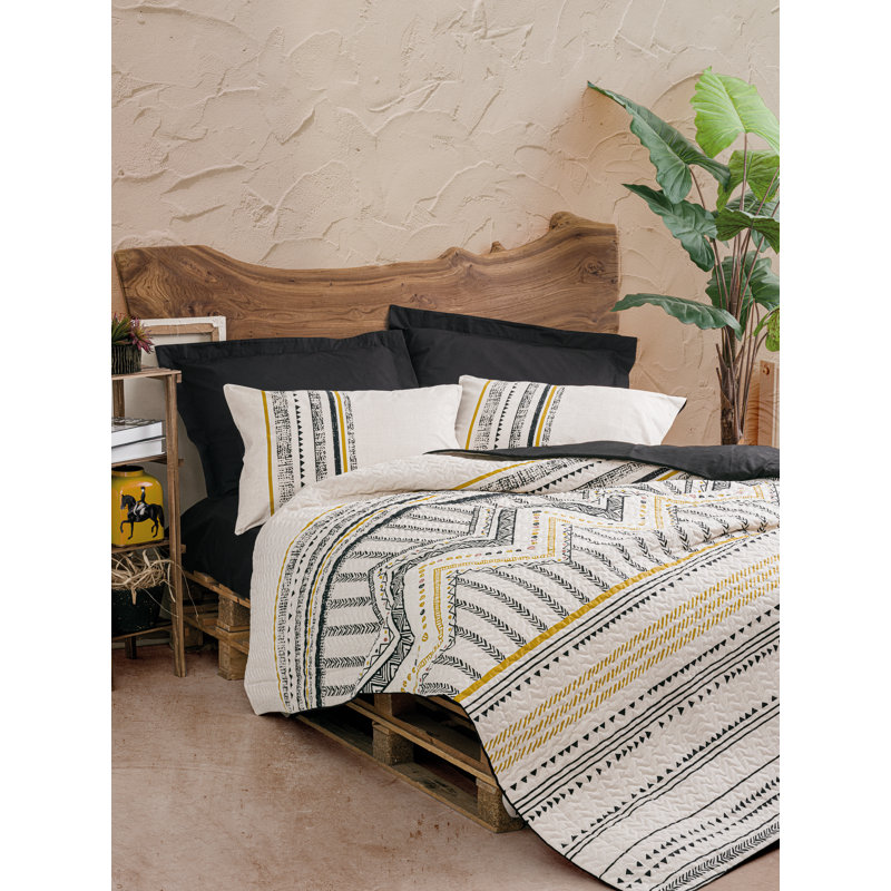 Ensemble de housse de courtepointe luxueuse 100% coton Ranforce Double, noir / blanc / or | Comprend une housse de couette (86,6 x 90,6 po), un drap plat (94,5 x 102,4 po), 2 taies d'oreiller (19,7 x 27,6 po) | Lavable à la machine, imprimé réactif élégant, confortable à contexture de 145 fils