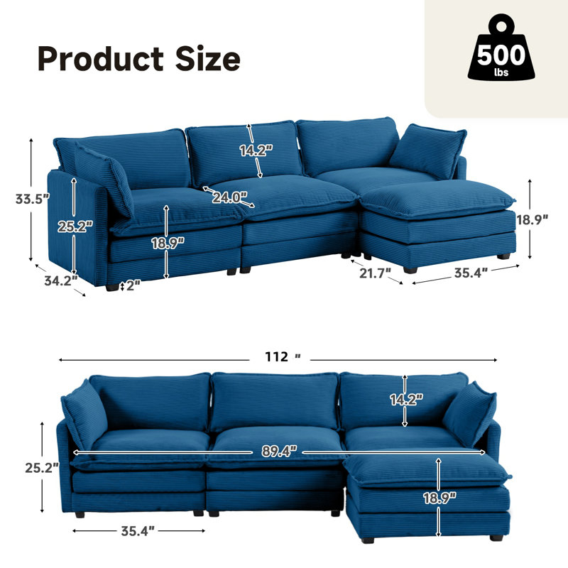 Redenius 4-Piece 112'' Upholstered L-Shape Sectional, Navy Corduroy