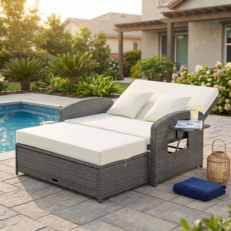 Chaise longue double en rotin PE pour 2 personnes avec dossier réglable et coussins pour le jardin et la cour, Beige