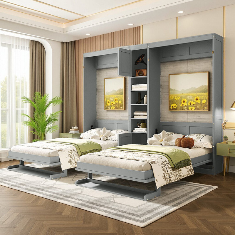 Unité de lit escamotable double simple - Lits muraux convertibles avec rangement central et pieds de tablette?, Gris