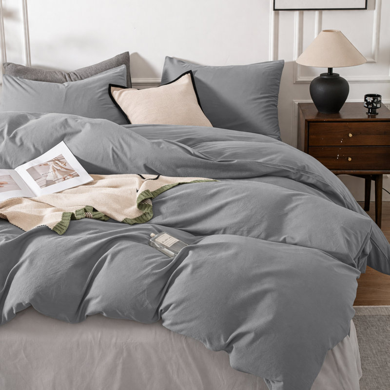 3-Piece Dyed Duvet Cover Set With Pillowcases, Grey, Single Duvet Cover + 2 Standard Pillowcases