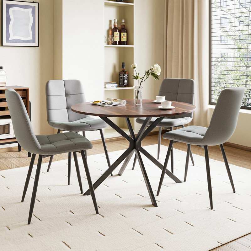 Dining Table And Chairs Set Of 4, Folding Round Dining Table With 4 Chairs For Dining Room,Kitchen,Living Room, Grey, Brown