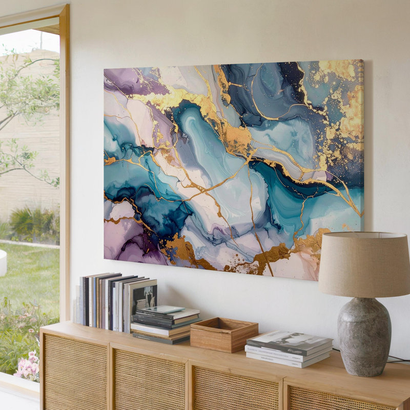 «Opulent Agate», art marbré sur toile avec des nuances métalliques dorées et bleues, art mural sur toile prêt à accrocher