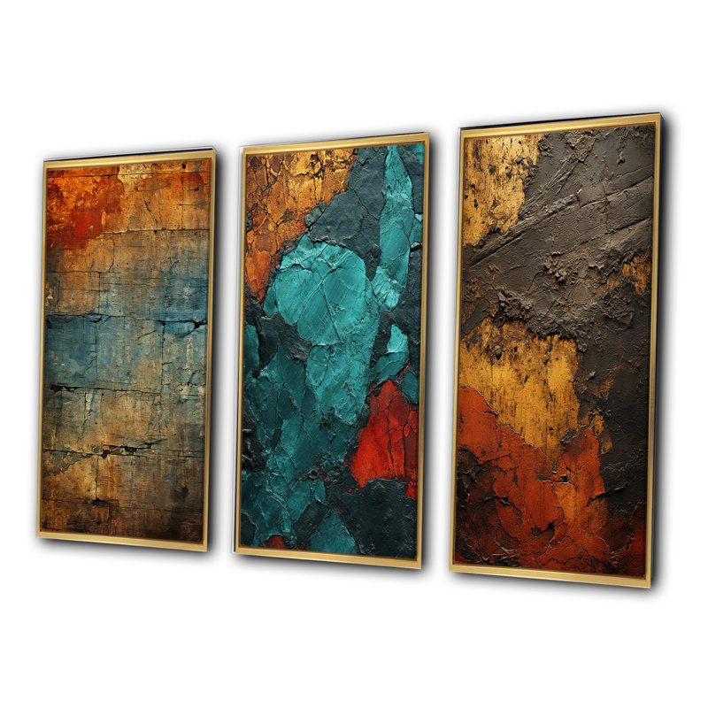 Passage Of Time Vintage Nutshell And Retro Blue - Transitional Art Set Of 3 Pieces, Encadrement doré, H 28 po x l 36 po