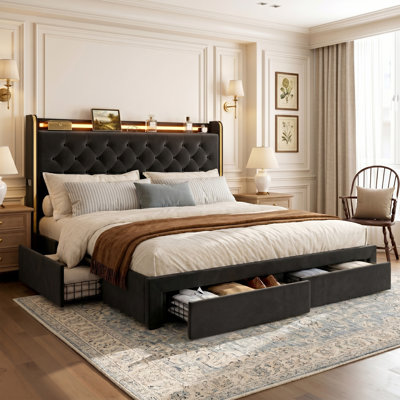 49.2" Tall King Size Bed Frame With 4 Storage Drawers, Velvet Upholstered Platform Bed With Wingback Storage Headboard, Led Lights & Charging Station, No Box Spring Needed, Noise Free, Black