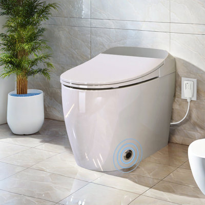 Toilette intelligente à siège chauffant avec capteur de pied, chasse automatique sans réservoir, veilleuse et couvercle à fermeture en douceur, blanc