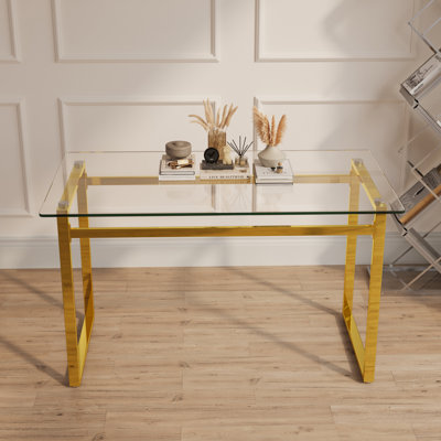 Table de salle à manger rectangulaire L 51 po x l 27,5 po Table de salle à manger en verre trempé transparent de 8 mm avec pieds en métal chromé doré pour 4 à 6 personnes