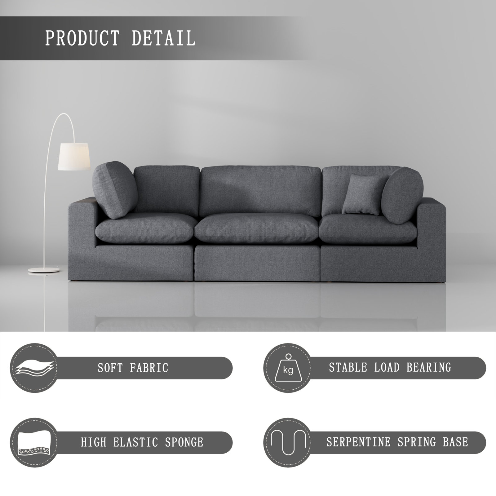 Jossa 3-Piece Modular Upholstered Sofa, Gray Chenille