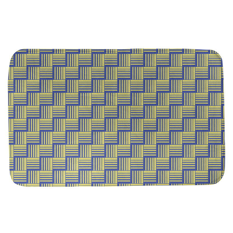Tapis de bain géométrique antidérapant rectangulaire à rayures baskettressées, l 17 po x L 24 po, Bleu/jaune