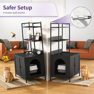 Enceinte de 57 po pour litière pour chat 57 po avec 3 tablettes de rangement, armoire à litière cachée avec portes et 4 crochets en S, grande salle de chat d'intérieur pour chat pour grands chats, noir