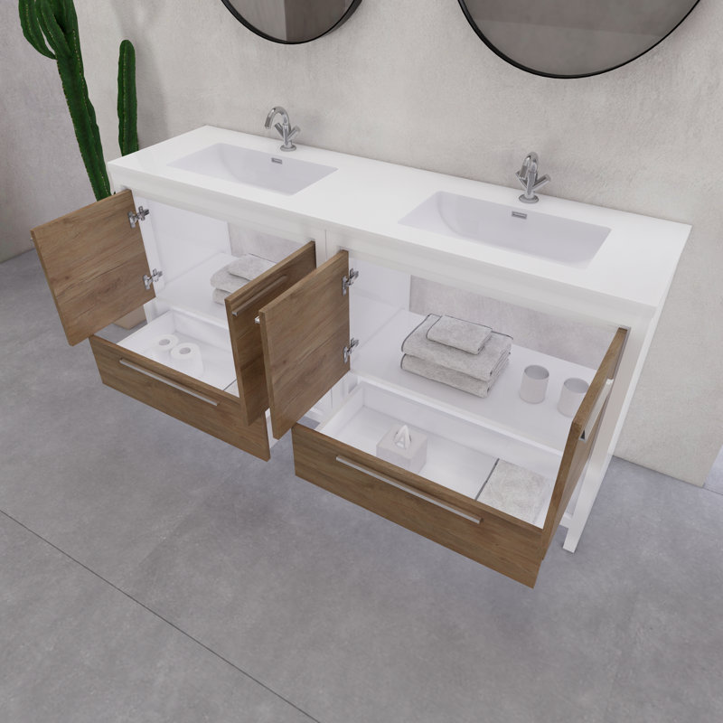Ensemble de meuble-lavabo double 72 po Eden, Blanc brillant / teck