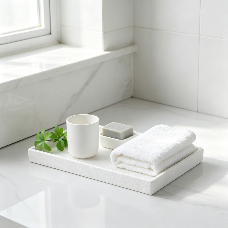 Plateau de salle de bain en céramique pour comptoir, plateau de rangement rectangulaire pour articles de toilette, bijoux, parfums et produits de soins, fini blanc mat, style ferme moderne