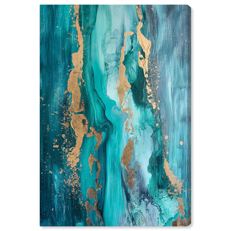 Sea Blue and Gold Abstract Canvas Wall Art, 24" x 16"