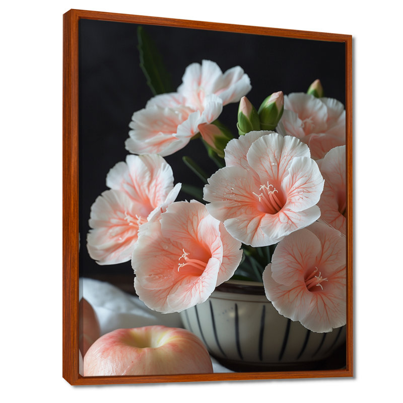 Œillets botaniques roses et verts - décoration murale œillets, Toile avec cadre flottant brun, H 20 po x l 12 po x P 1 po