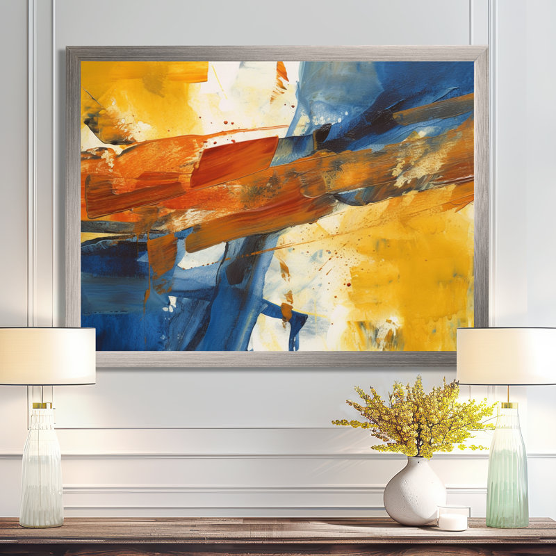 «Evening Glow», abstrait orange et bleu royal - peinture abstraite, art mural, H 24 po x l 32 po x P 1 po, Cadre simple gris