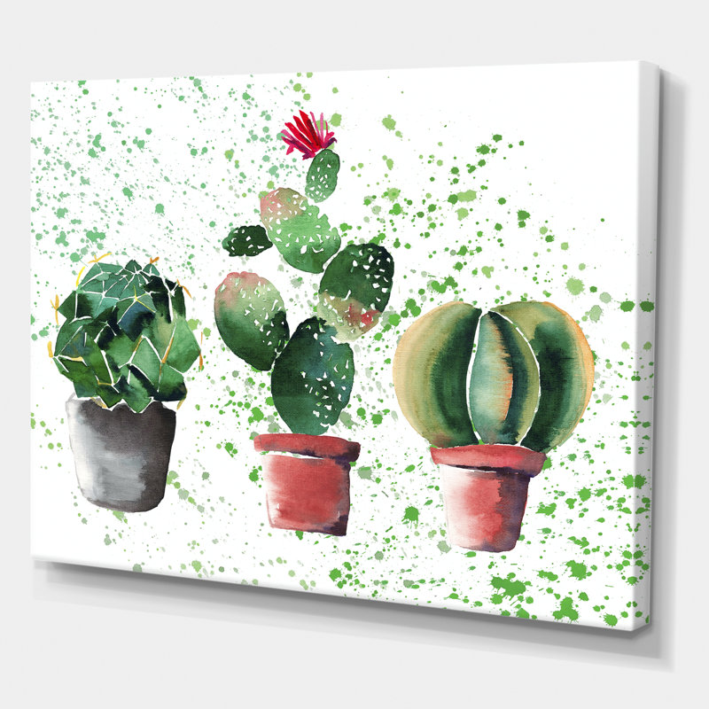 Trois cactus dans des pots en argile - peinture sur toile, H 16 po x l 32 po x p 1 po, Toile tendue