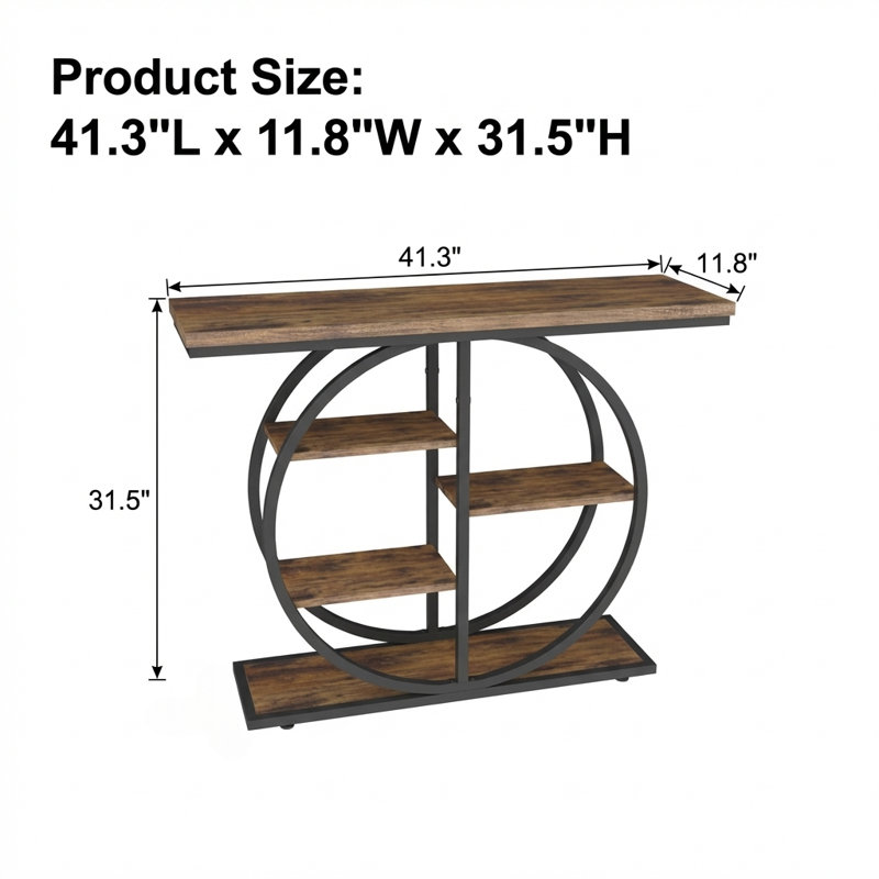 Console industrielle étroite avec plusieurs tablettes de rangement et base ronde stable, mobilier d'appoint multifonctionnel
