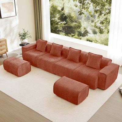 Canapé modulaire en U à 4 places avec passepoil à bordure française, sans assemblage requis, canapé à 4 places avec coussins décoratifs et 2 repose-pieds mobiles, tissu de velours rouge