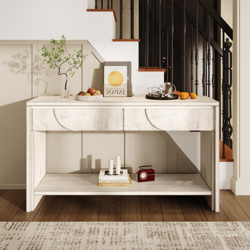 55.12" Wood Distressed Pattern Console Table Sofa Table With Two Drawers And Bottom Shelf Easy Assembly, White