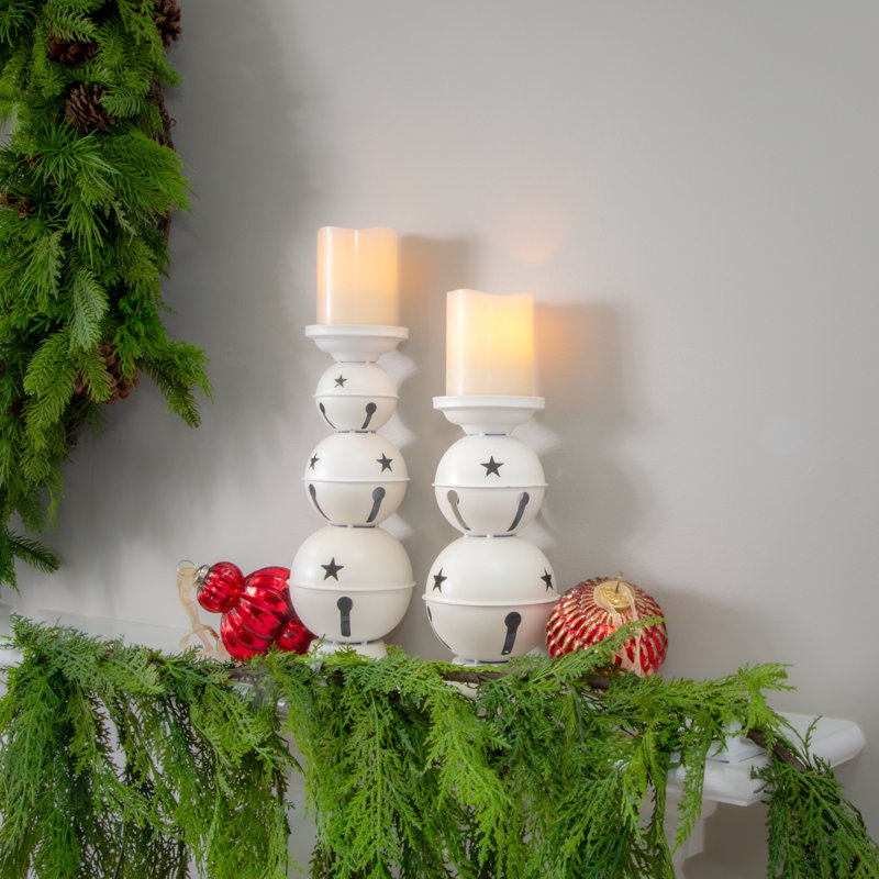 12.5" Metal Jingle Bell Candle Holders, White