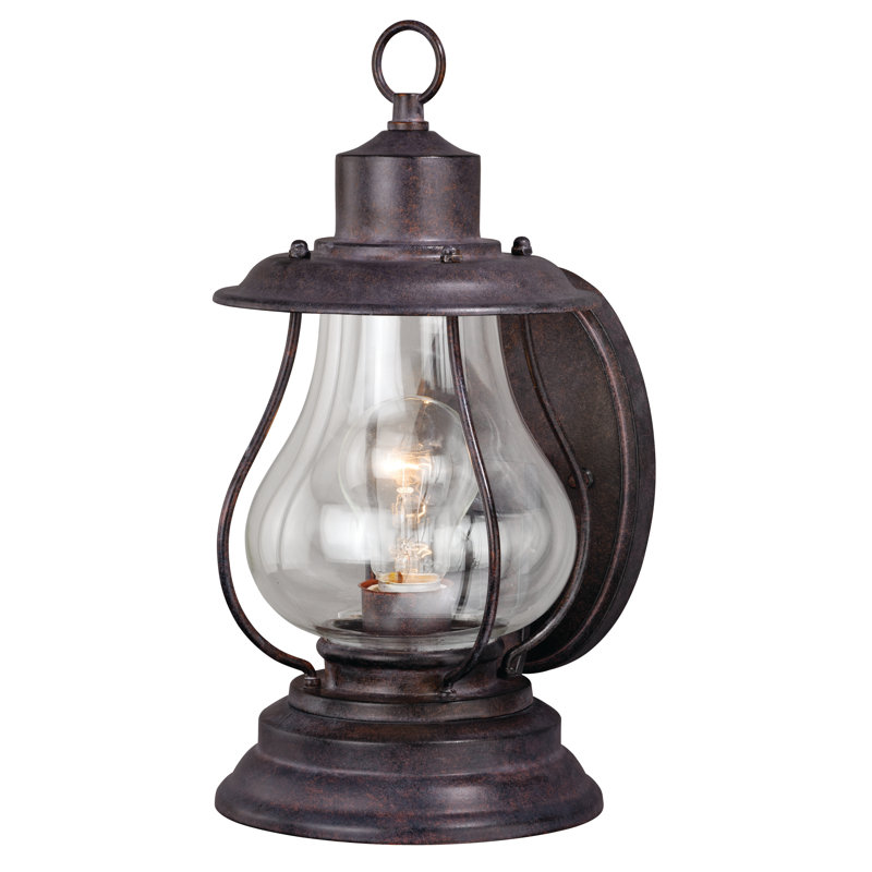 Doron 12.75 in. H 1-Light Weathered Patina Coastal Outdoor Wall Sconce made of Durable Steel, Clear Glass Shade, LED Compatible, Use for Exterior Porch Patio Front Door or Garage