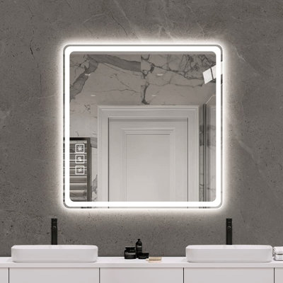 Miroir de maquillage 36 po x 36 po à fixation au mur pour salle de bain - Brouillard, intensité variable, cuivre 5 mm - Brouillard argenté avec coins précis