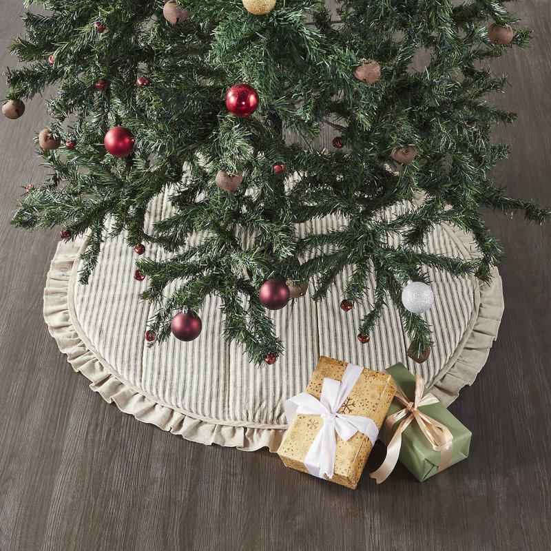 36" Tan and Charcoal Striped Quilted Tree Skirt with Ruffled Border