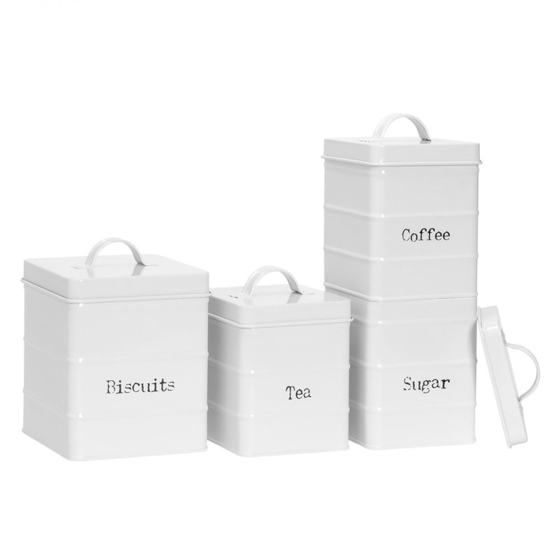 Harbour Housewares - 4 Piece Vintage Metal Kitchen Canisters Set, White