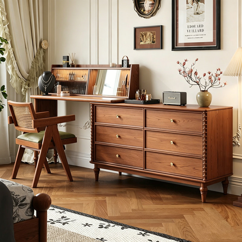 Coiffeuse extensible de 23,62 po en chêne rétro, grande capacité de rangement, avec étagère en verre cannelé, motif ondulé français, multifonctionnelle pour s'habiller de maquillage et pour le bureau personnel