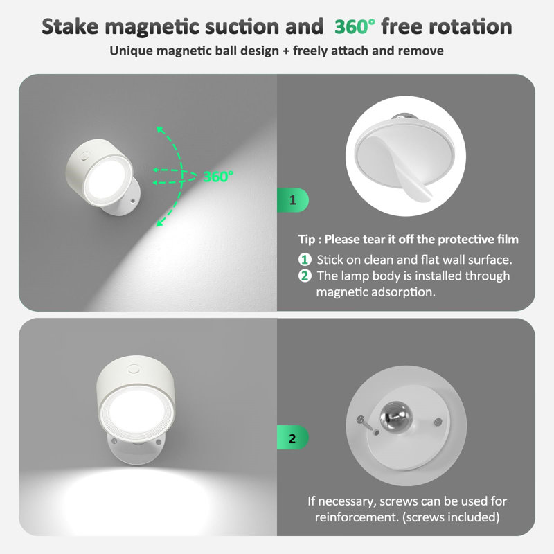 LED Wall Light Rechargeable Battery Operated With Remote, Magnetic Rotation,2 Pcs, White