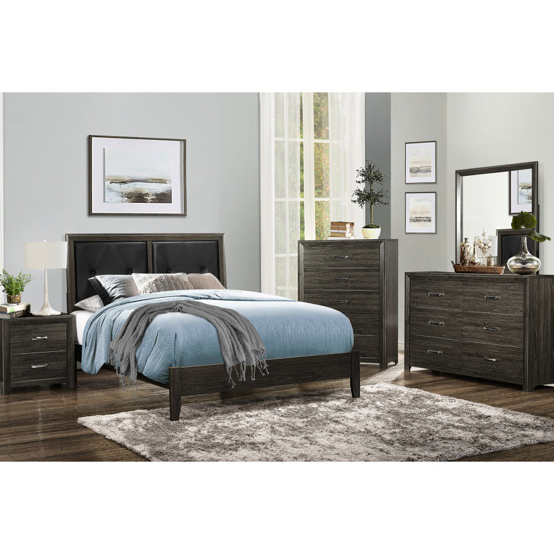Grand lit moderne gris foncé avec tête de lit en similicuir gracieuse et base en bois - construction solide, Queen, Dark Grey
