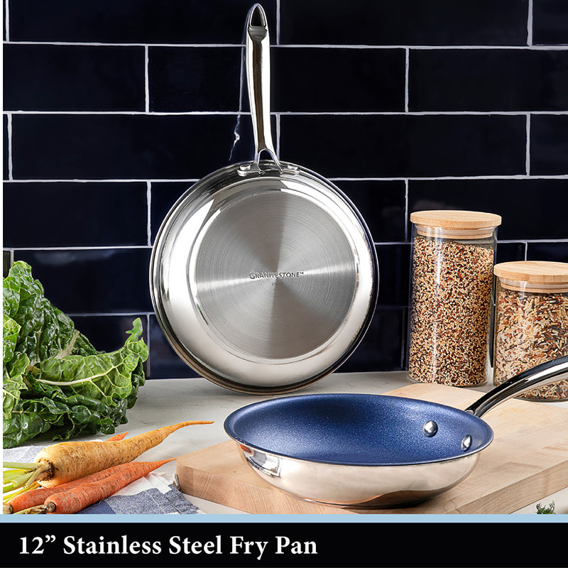 Granitestone Blue Stainless Steel 12'' Fry Pan with Stay Cool Handle, Oven & Dishwasher Safe