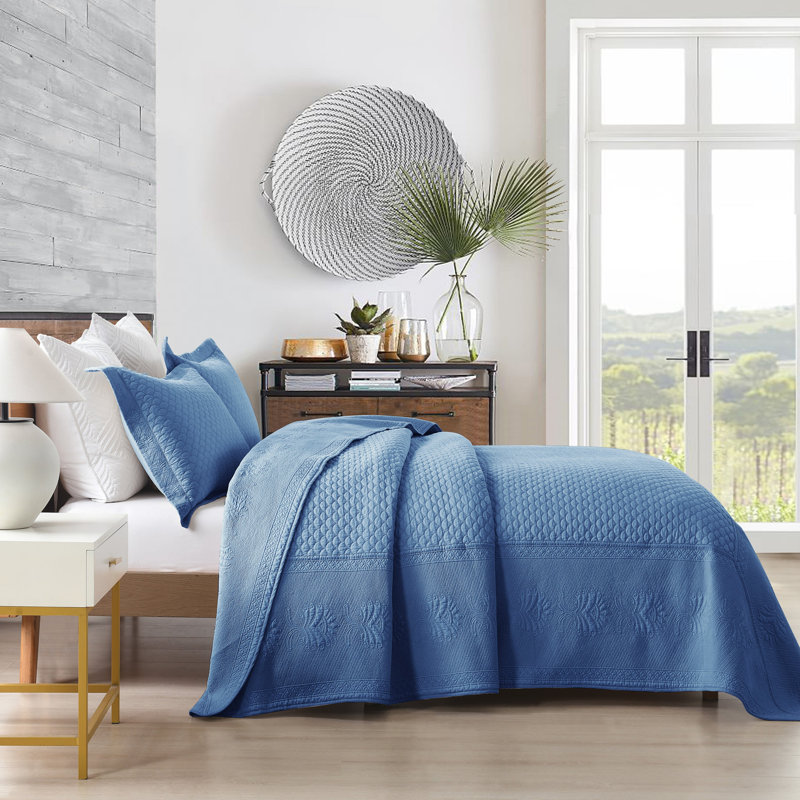 Ensemble de courtepointe en coton TMquilt, Courtepointe pour lit grand + deux taies décorati, Bleu