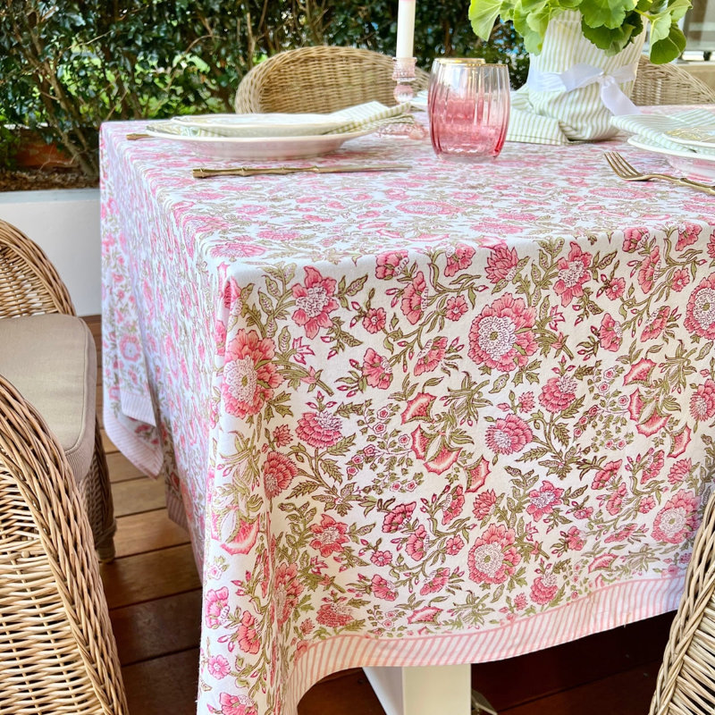 Beatrice Round Tablecloth - Pink And Green, 60" D x 120" L