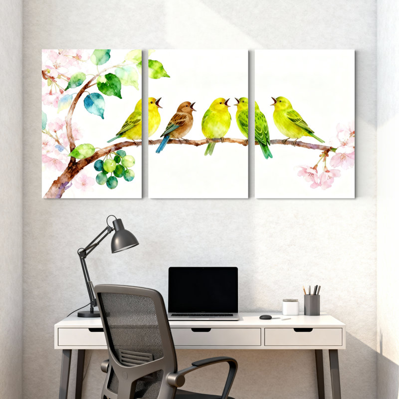 Oiseaux sur une branche avec des fleurs et des feuilles, ensemble de 3 impressions sur toile, H 30 po x l 60 po