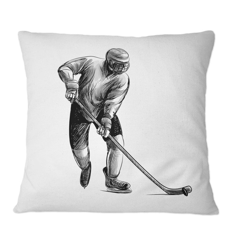 Croquis d'un joueur de hockey dans un sport d'hiver - Coussin décoratif à imprimé global, 16 po x 16 po