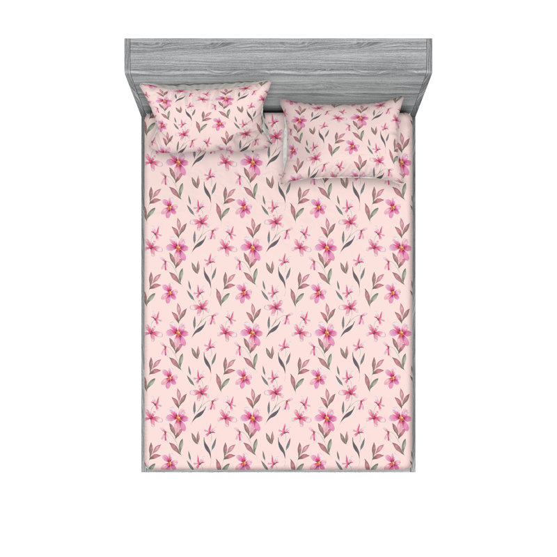 Ambesonne Fitted Sheet & Shams, King Sheet Set with 2 Pillowcases, Rose/Pink/Sage Green Flower