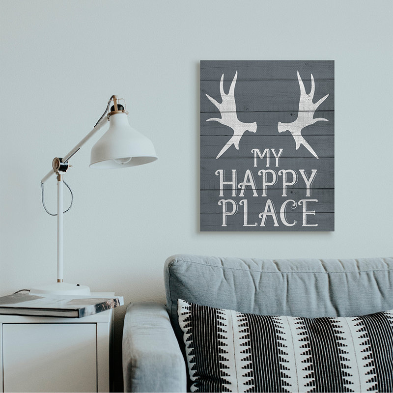 «Rustic My Happy Place Large Elk Antler» par Kim Allen - impression d'art graphique, Toile tendue, H 30 po x l 24 po x 1,5 po