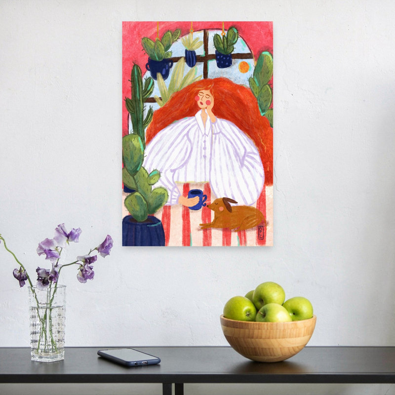 «Cozy Morning Relaxation Peaceful Abstract Contemporary Cactus Plant Dog Landscape Nature», reproduction d'art murale