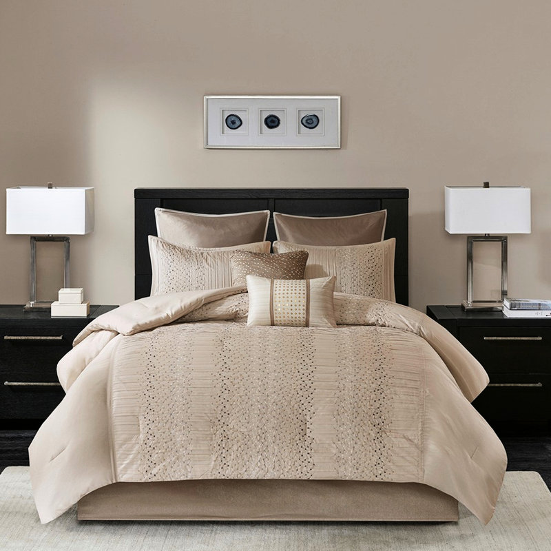Édredon 8 pièces pour très grand lit - édredon en soie synthétique, broderie géométrique, rembourré, soie beige, rembourrage, brodé