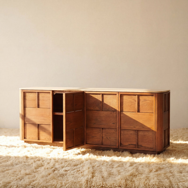 Hearth 84" Brown Oak Sideboard with Honed Travertine Top – Modern Buffet Storage Cabinet, Brown