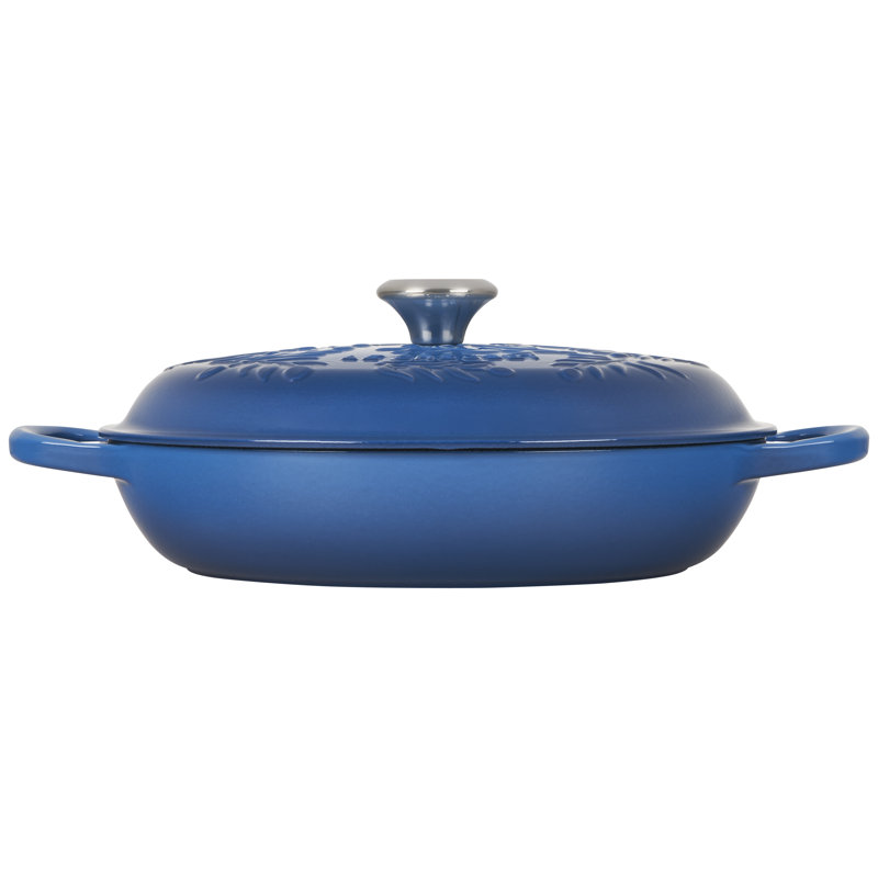 Blue Enameled Cast Iron Round Braiser with Embossed Lid, 3.5 Quarts