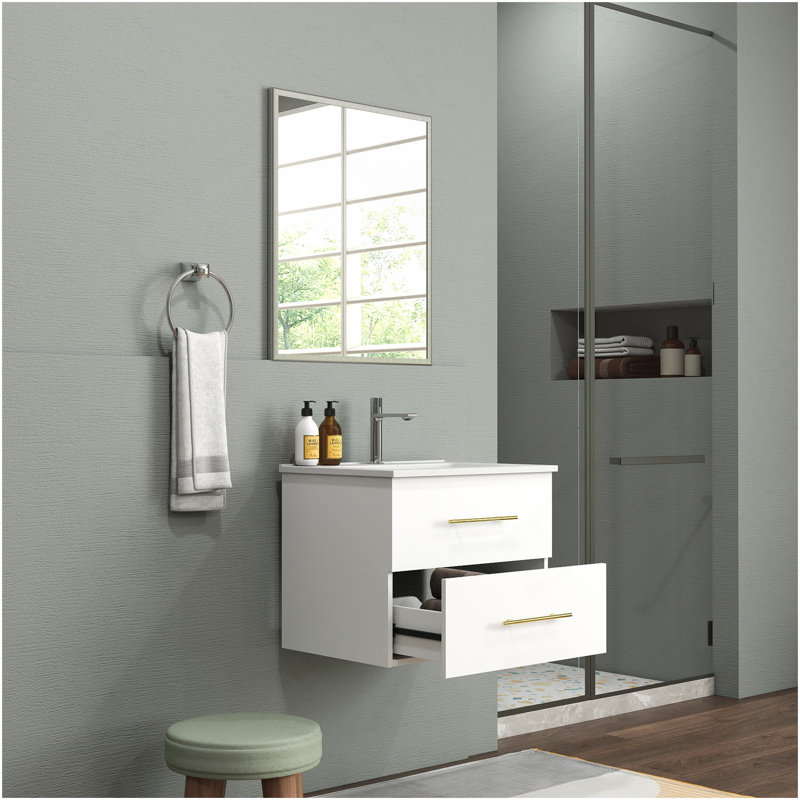 24-Inch Wall-Mounted Bathroom Vanity With Sink And Mirror Combo,Double Drawers, Ceramic Basin, Sliver Aluminum Frame,Easy Assemble,Long Handle In Gold Metal,2 Storage Drawers,Glossy White