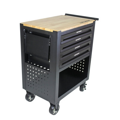 4 DRAWERS MULTIFUNCTIONAL TOOL CART WITH WHEELS AND WOODEN TOP